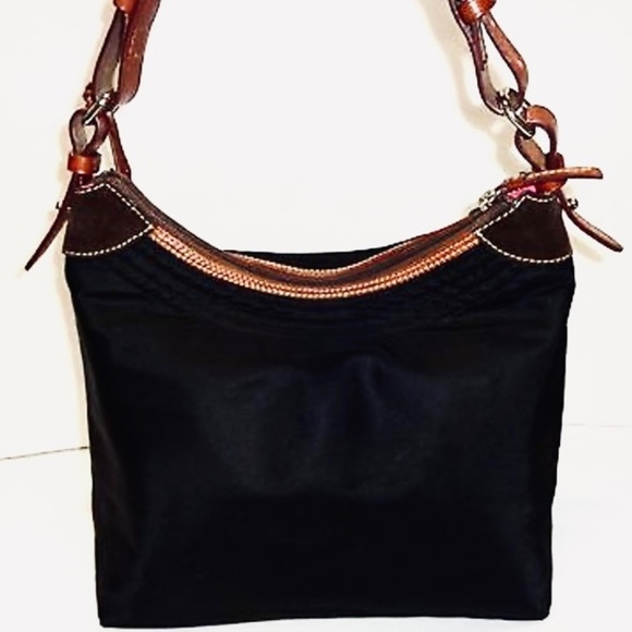 DOONEY AND BOURKE Large Nylon Curved Leather Trim Vintage Bag, Black and Tan - Picture 2 of 9